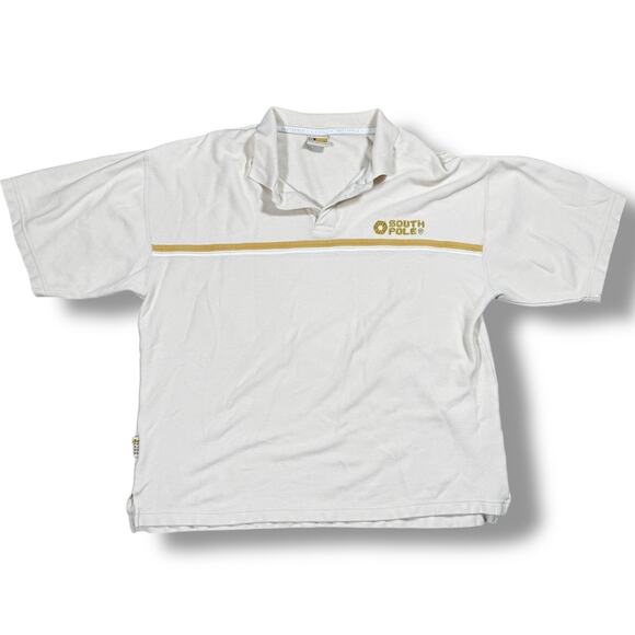 Vintage Southpole Polo Shirt Mens Size L Cream Yellow Stripe Logo Y2K Streetwear - Picture 1 of 8